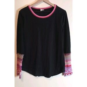 BiBi Black Boho Knit Cuff Long Sleeve Top M — Colorblock Fair Isle Sleeves